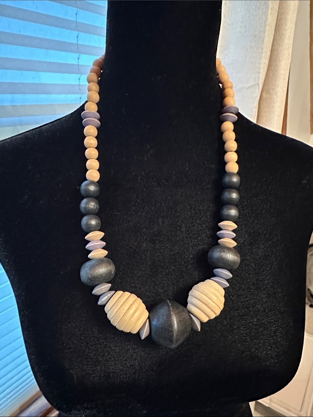 Vintage Bohemian Beige, Black & Lavender Wooden Bead Necklace